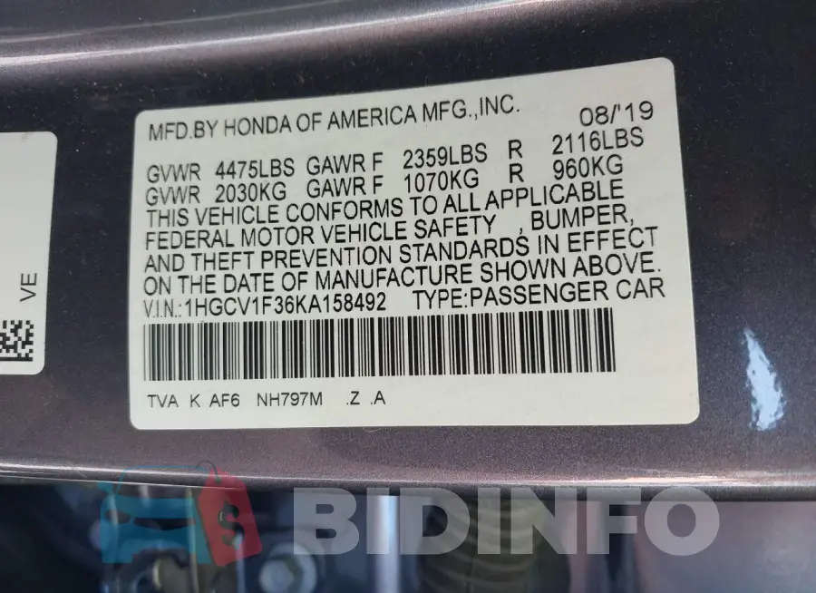 1HGCV1F36KA158492 Photo# 9