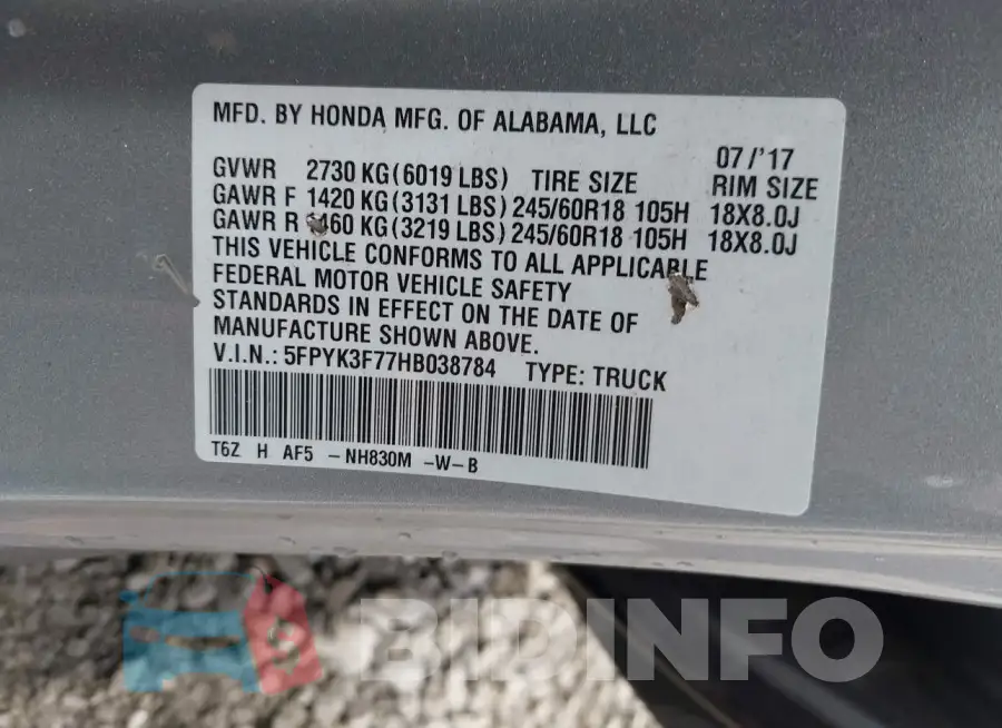 5FPYK3F77HB038784 Photo# 9