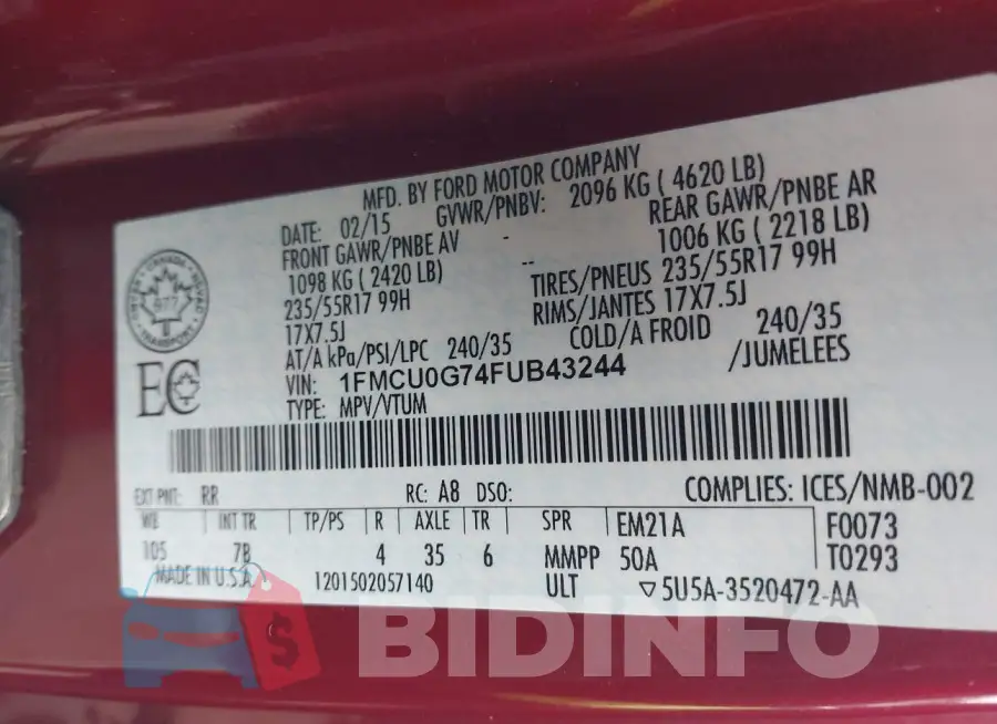 1FMCU0G74FUB43244 Photo# 9