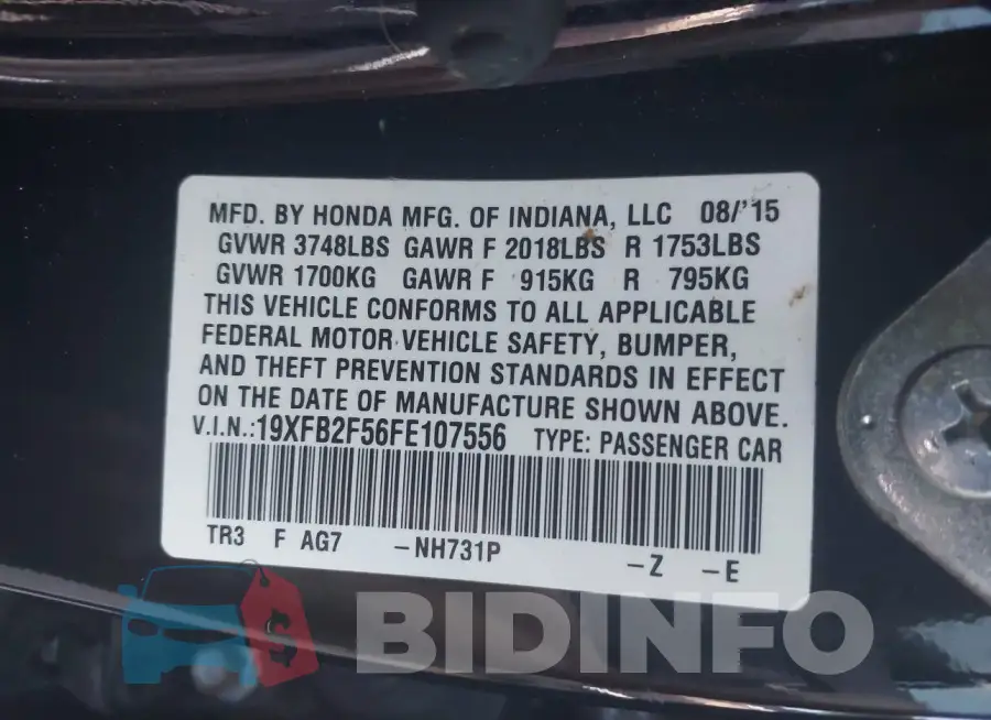 19XFB2F56FE107556 Photo# 9