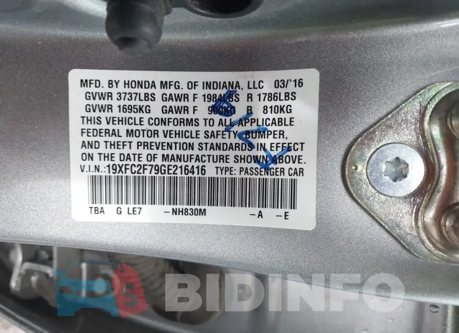 19XFC2F79GE216416 Photo# 9