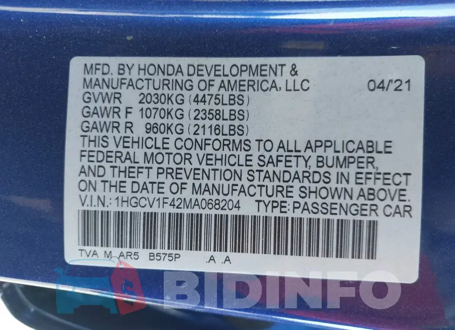 1HGCV1F42MA068204 Photo# 9
