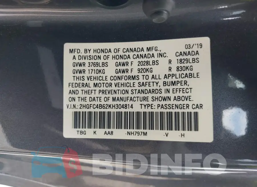 2HGFC4B62KH304814 Photo# 9