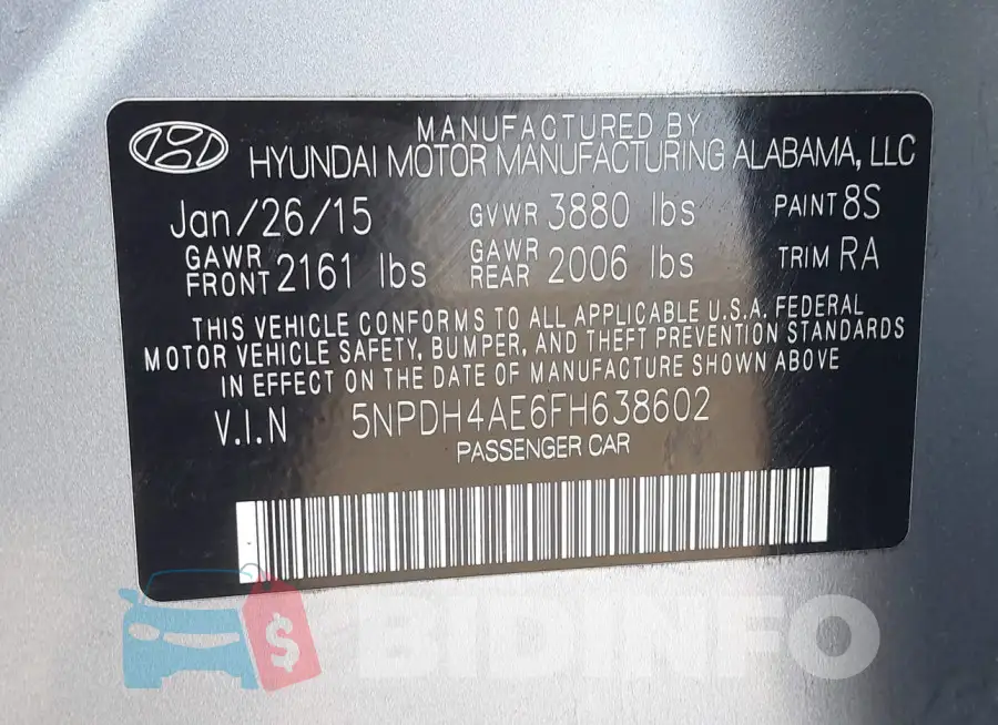 5NPDH4AE6FH638602 Photo# 9