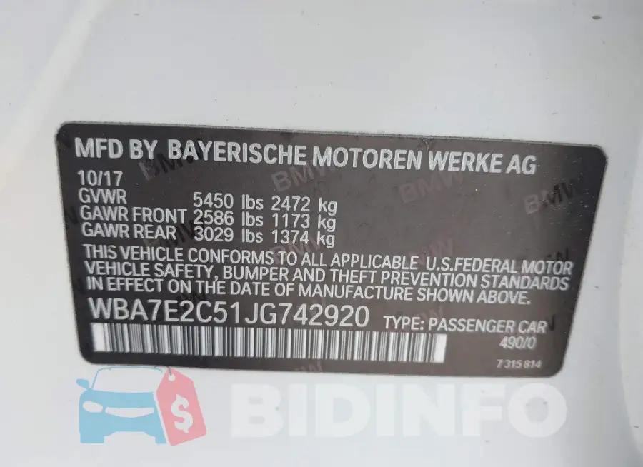 WBA7E2C51JG742920 Photo# 9