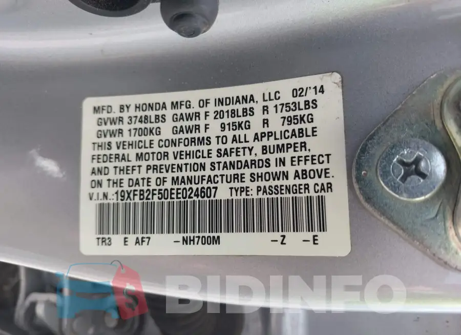 19XFB2F50EE024607 Photo# 9