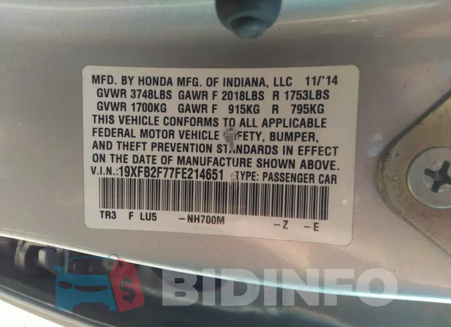 19XFB2F77FE214651 Photo# 9