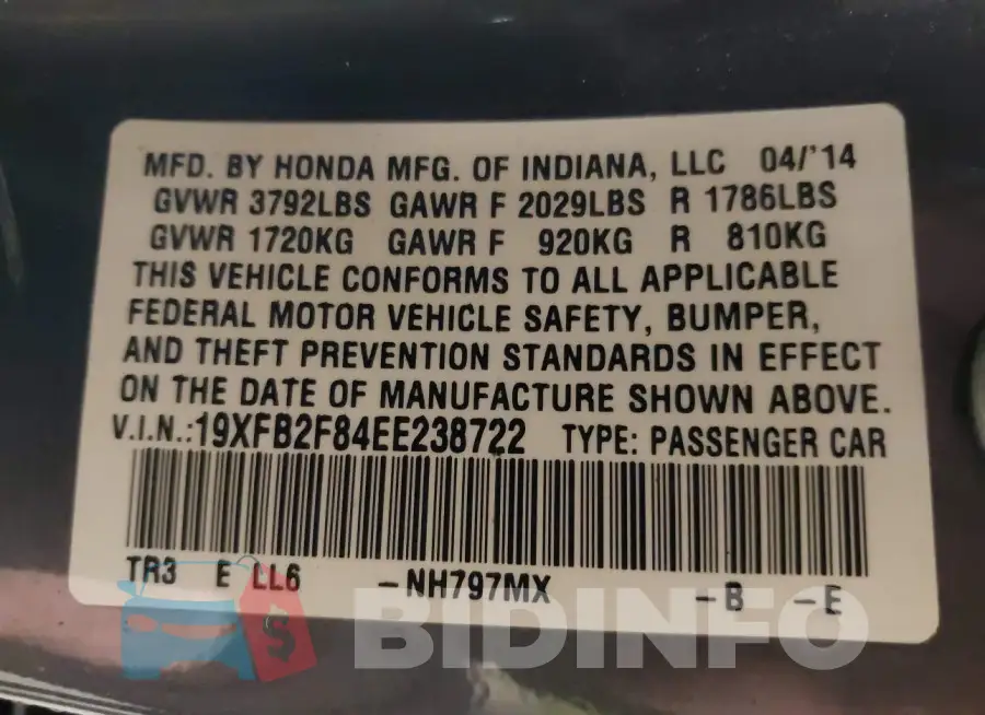 19XFB2F84EE238722 Photo# 9