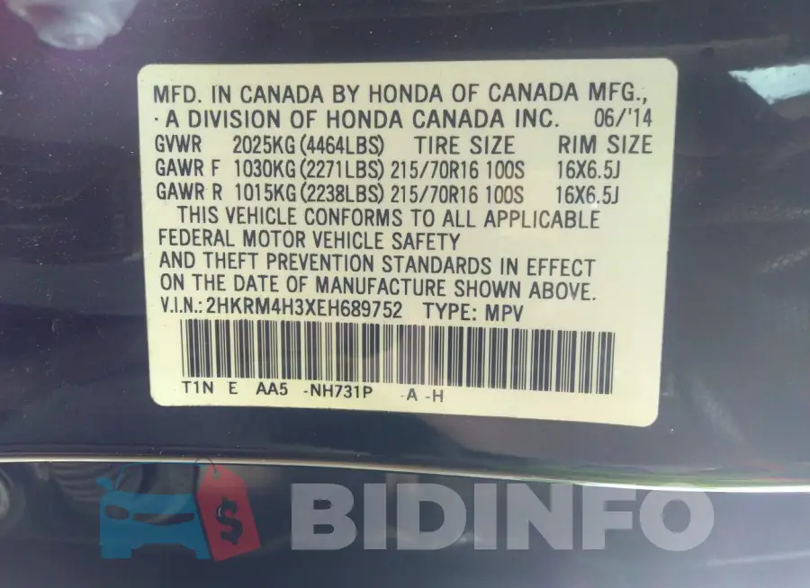 2HKRM4H3XEH689752 Photo# 9