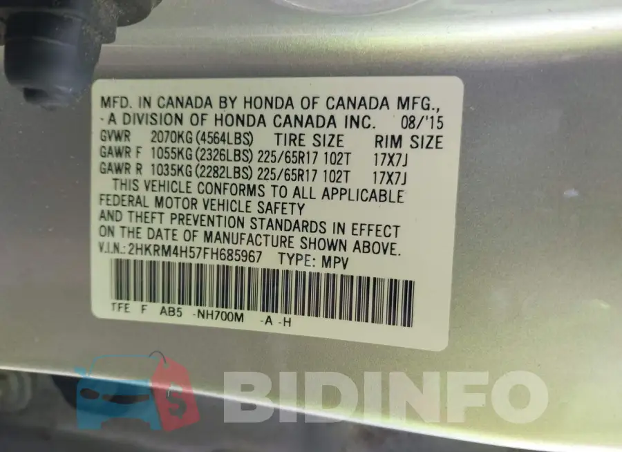 2HKRM4H57FH685967 Photo# 9