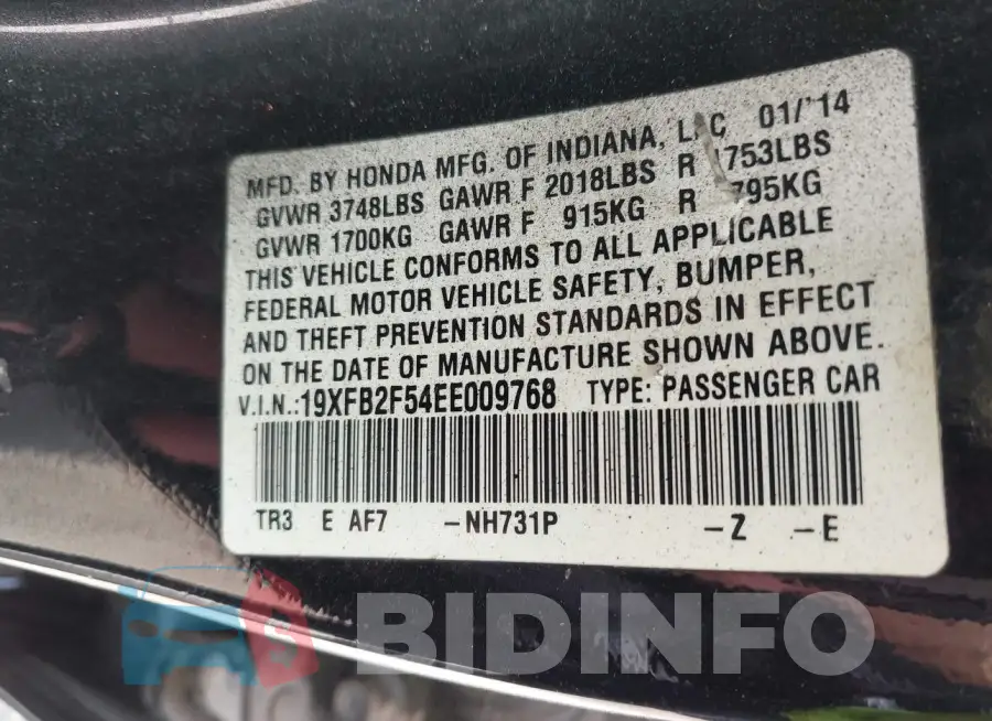 19XFB2F54EE009768 Photo# 9