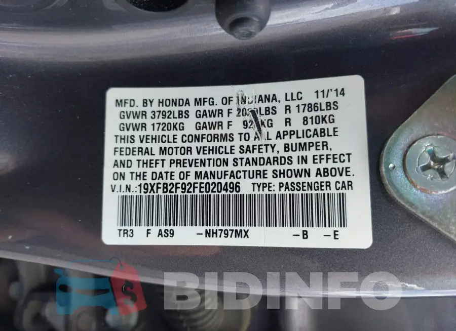 19XFB2F92FE020496 Photo# 9