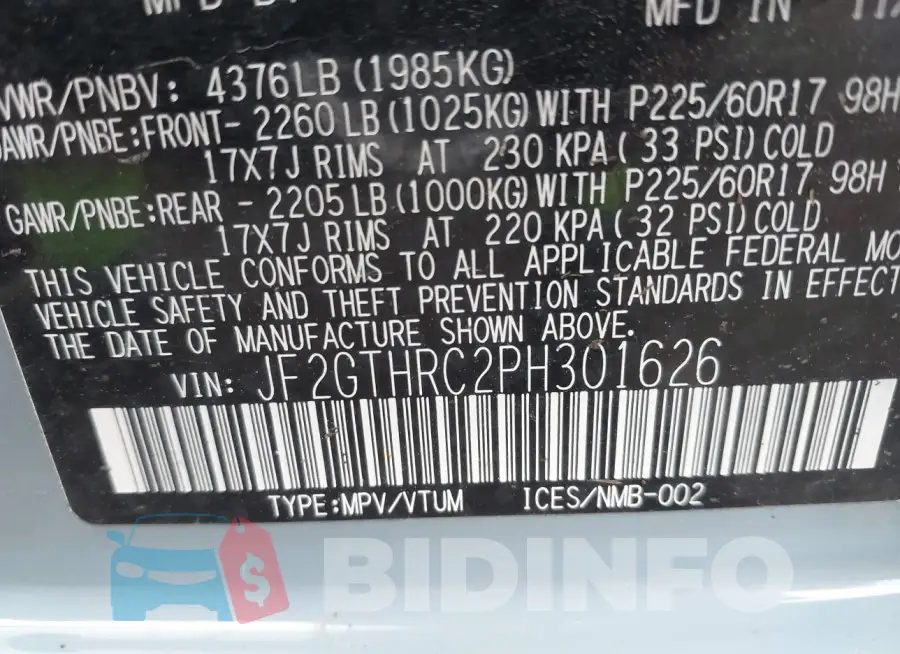 JF2GTHRC2PH301626 Photo# 9