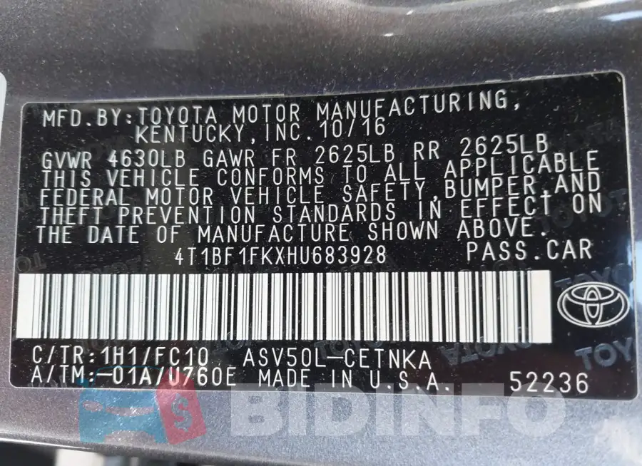 4T1BF1FKXHU683928 Photo# 7