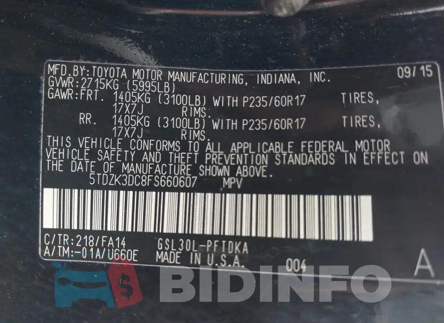 5TDZK3DC8FS660607 Photo# 9
