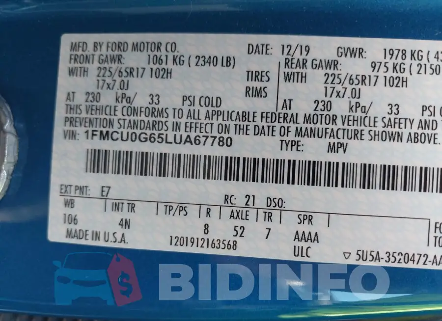 1FMCU0G65LUA67780 Photo# 9