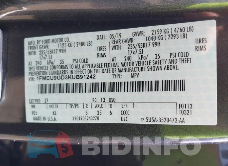 1FMCU9GD3KUB91242 Photo# 9