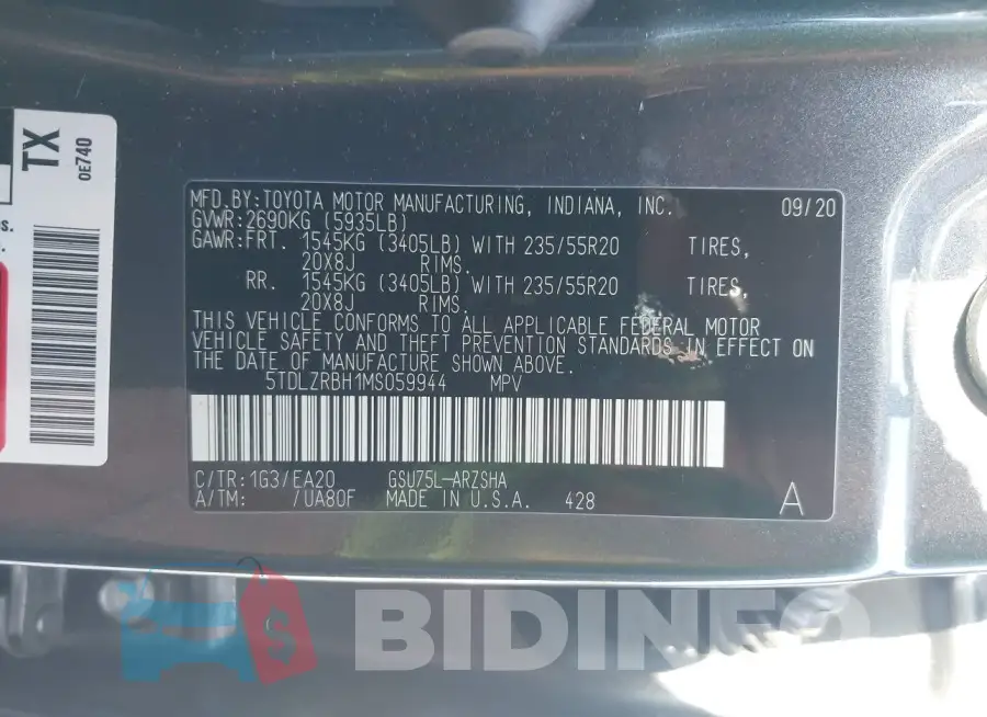 5TDLZRBH1MS059944 Photo# 9