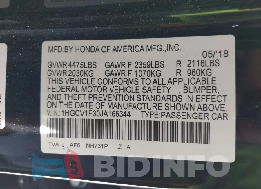 1HGCV1F30JA166344 Photo# 9