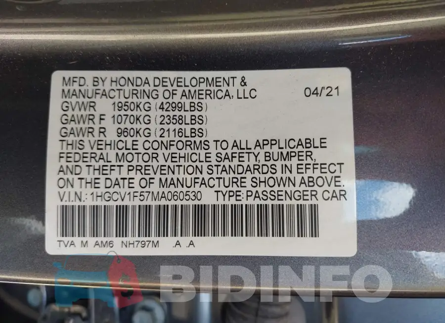 1HGCV1F57MA060530 Photo# 9