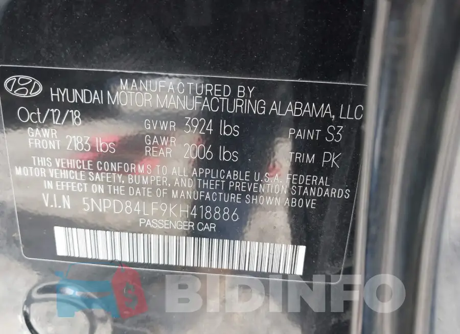 5NPD84LF9KH418886 Photo# 9