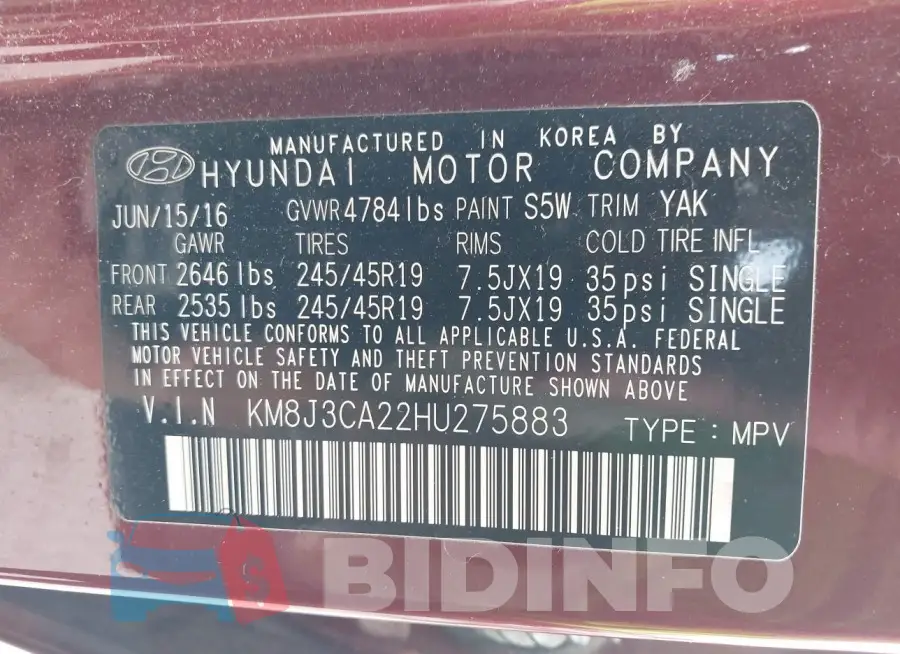 KM8J3CA22HU275883 Photo# 9