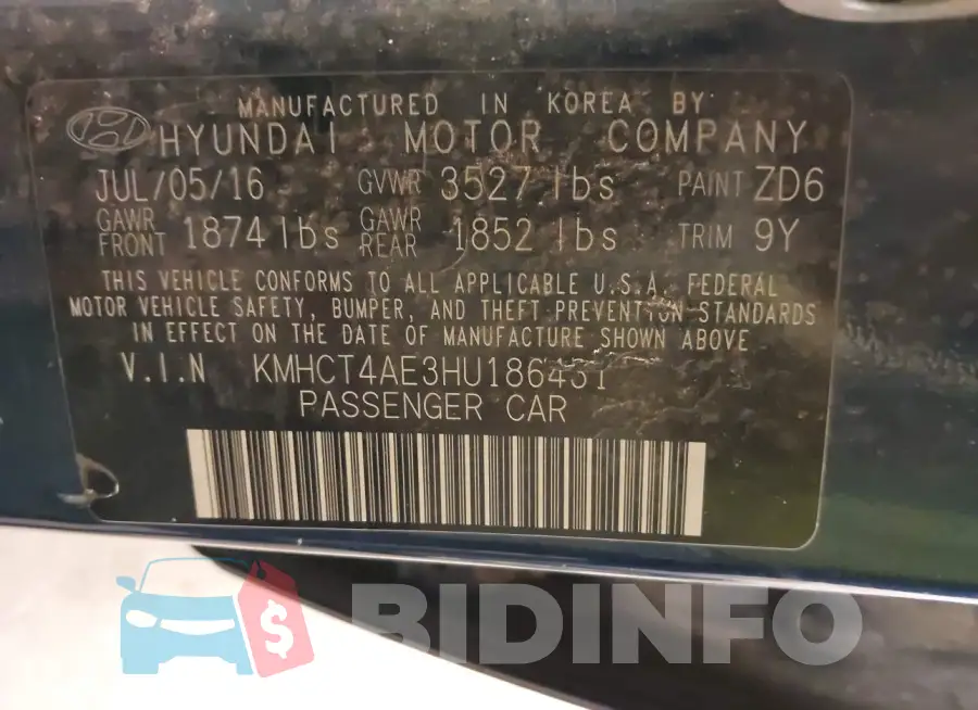 KMHCT4AE3HU186431 Photo# 9