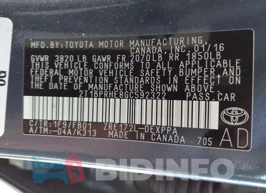 2T1BPRHE8GC592322 Photo# 9