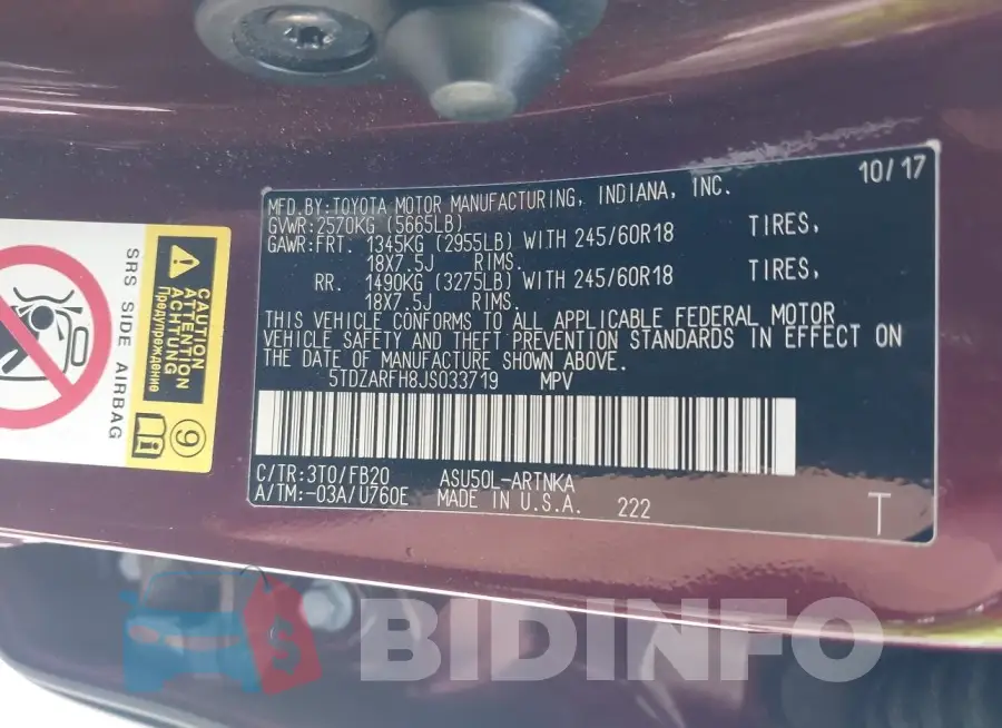 5TDZARFH8JS033719 Photo# 9