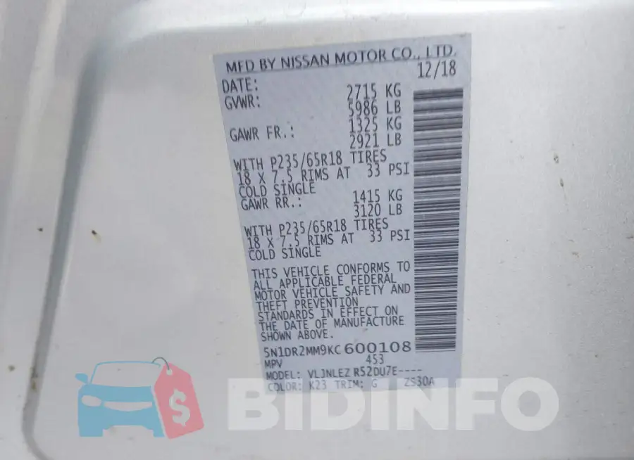 5N1DR2MM9KC600108 Photo# 9