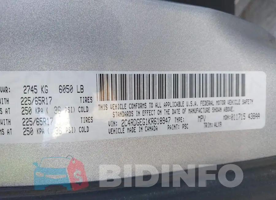 2C4RDGEG1KR618947 Photo# 9