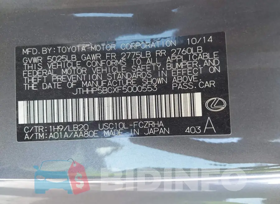 JTHHP5BCXF5000553 Photo# 9