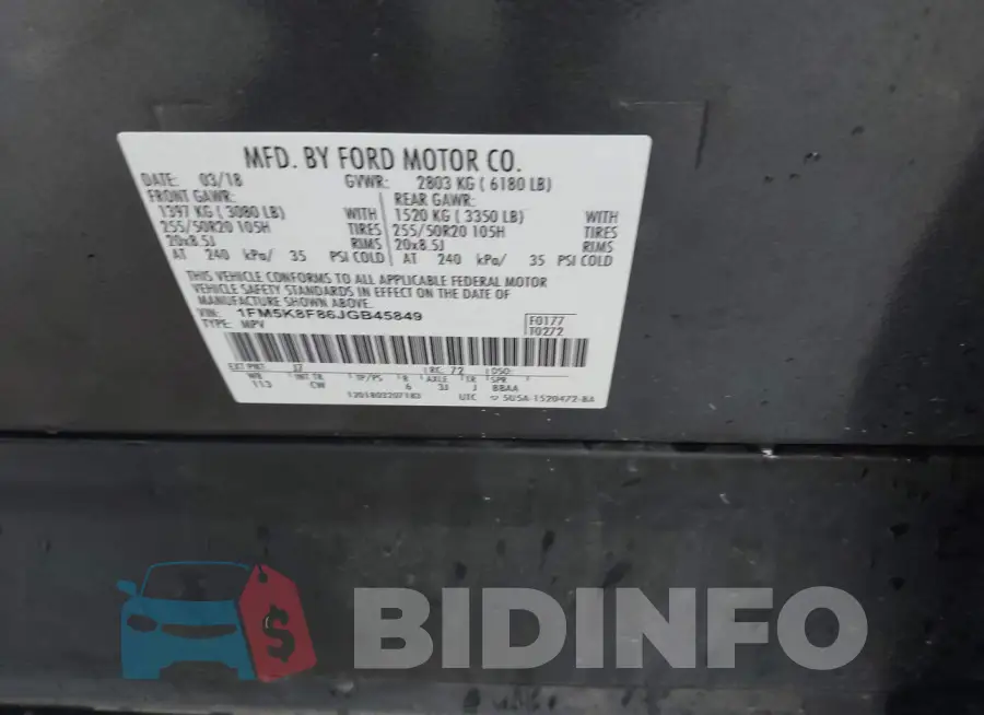 1FM5K8F86JGB45849 Photo# 9
