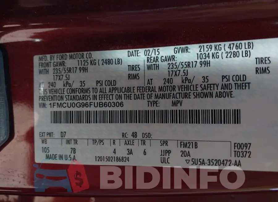 1FMCU0G96FUB60306 Photo# 9