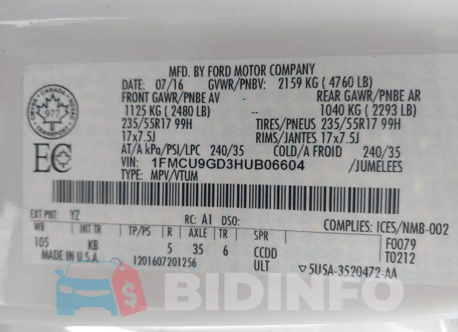 1FMCU9GD3HUB06604 Photo# 9