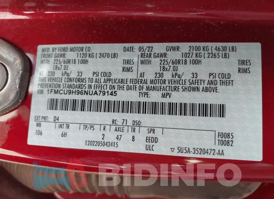 1FMCU9H96NUA79145 Photo# 9