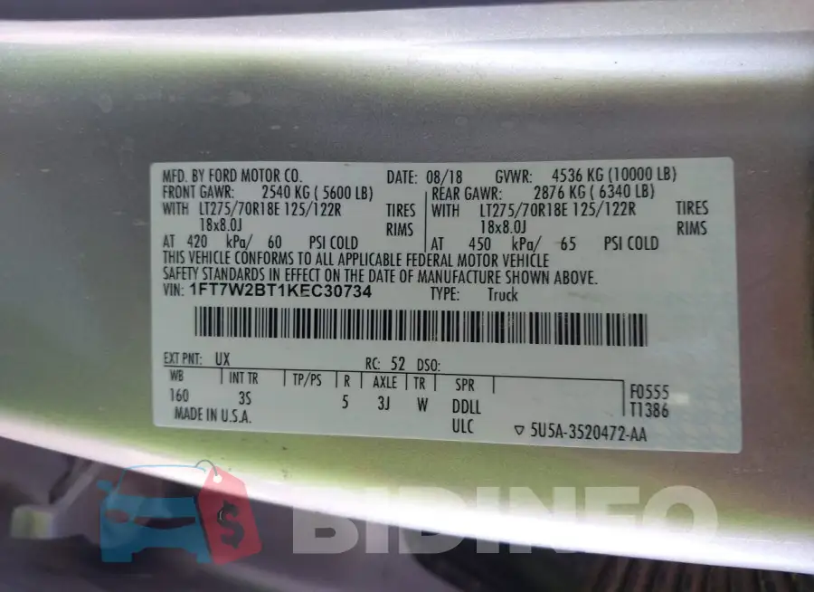 1FT7W2BT1KEC30734 Photo# 9