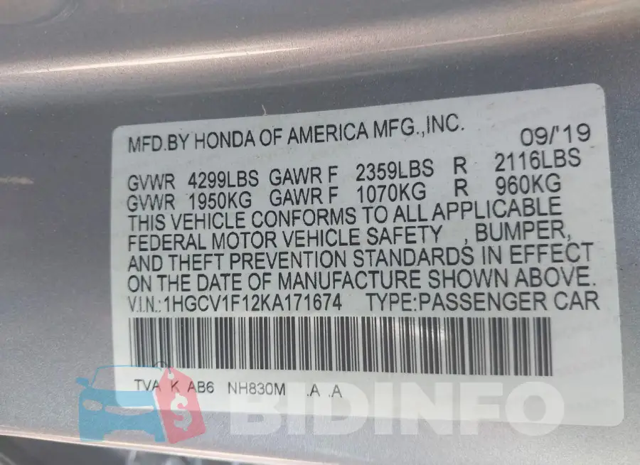 1HGCV1F12KA171674 Photo# 9