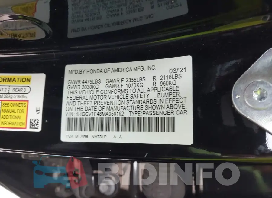 1HGCV1F48MA050192 Photo# 9