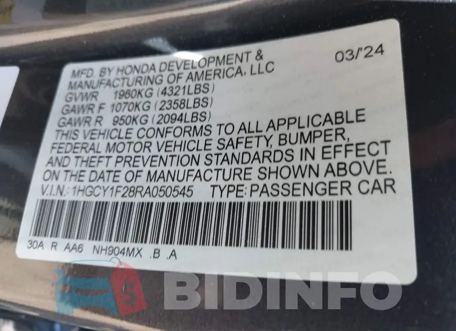 1HGCY1F28RA050545 Photo# 9