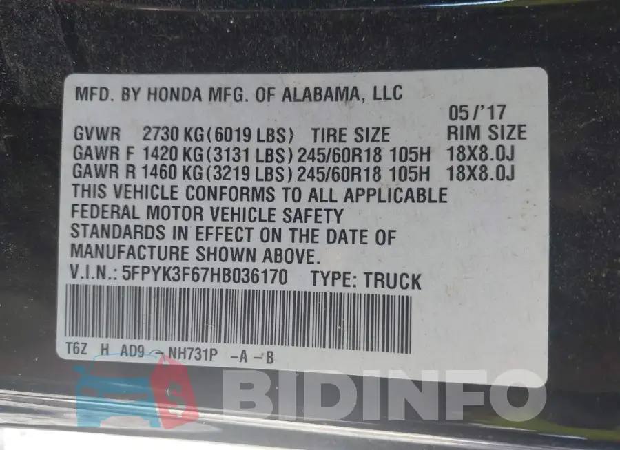 5FPYK3F67HB036170 Photo# 9