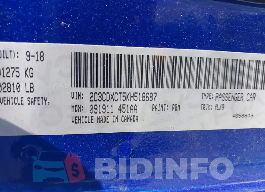 2C3CDXCT5KH518687 Photo# 9