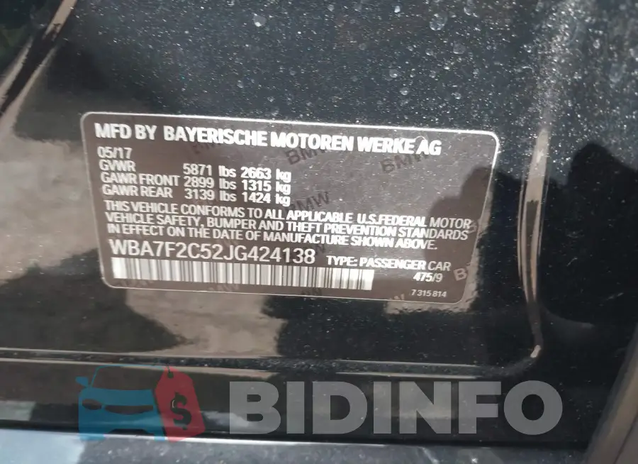 WBA7F2C52JG424138 Photo# 9