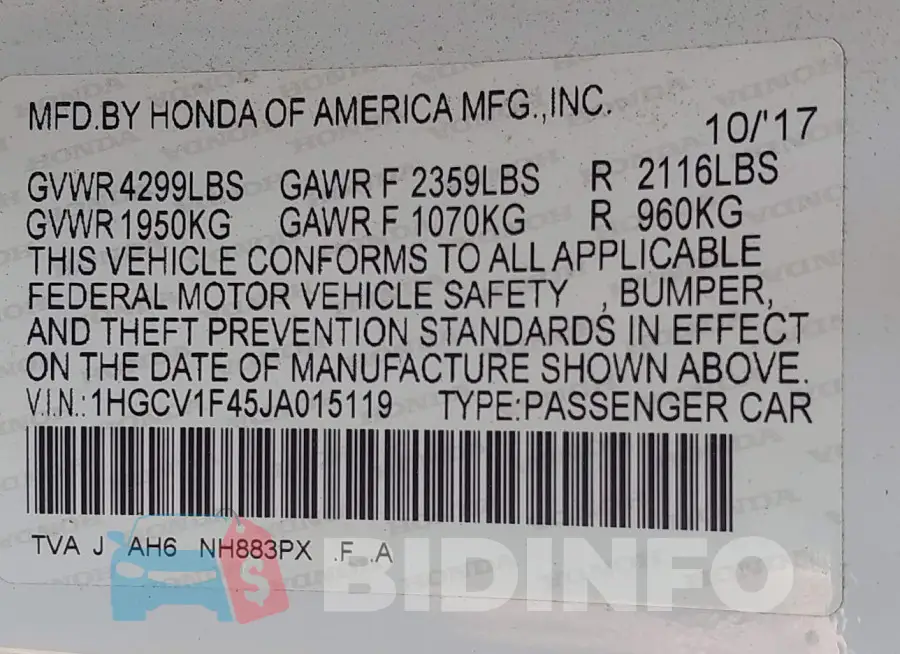 1HGCV1F45JA015119 Photo# 9