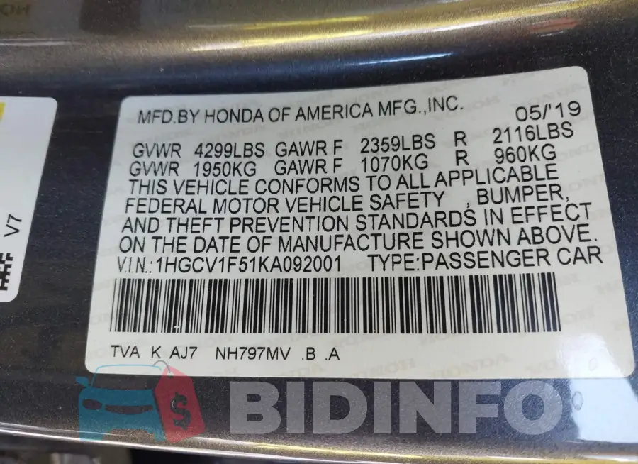 1HGCV1F51KA092001 Photo# 9
