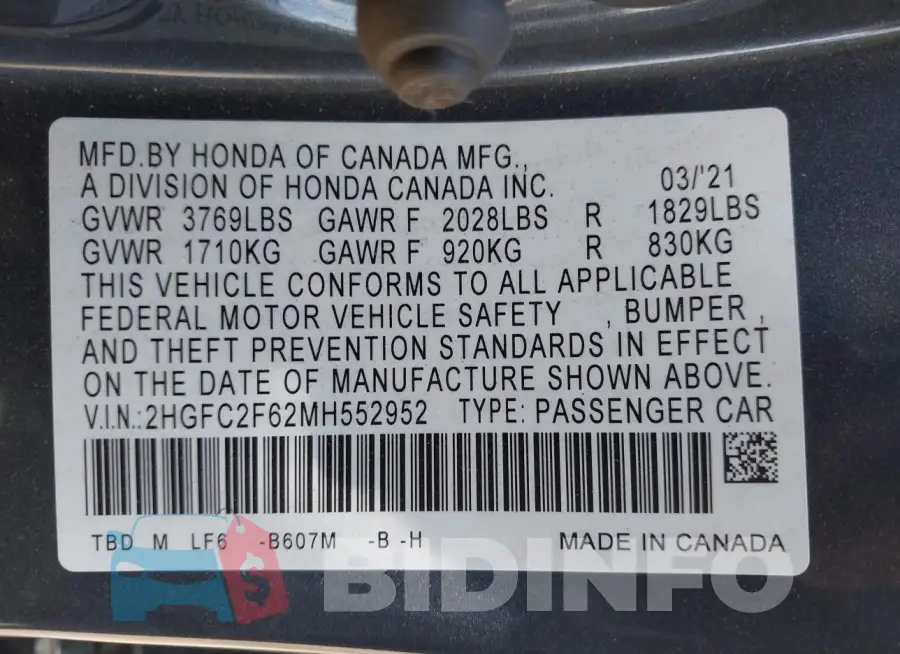 2HGFC2F62MH552952 Photo# 9
