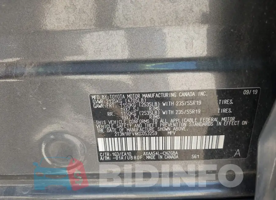 2T3N1RFV4KC053259 Photo# 9