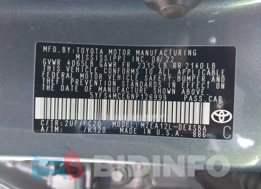 5YFS4MCE6NP126999 Photo# 9