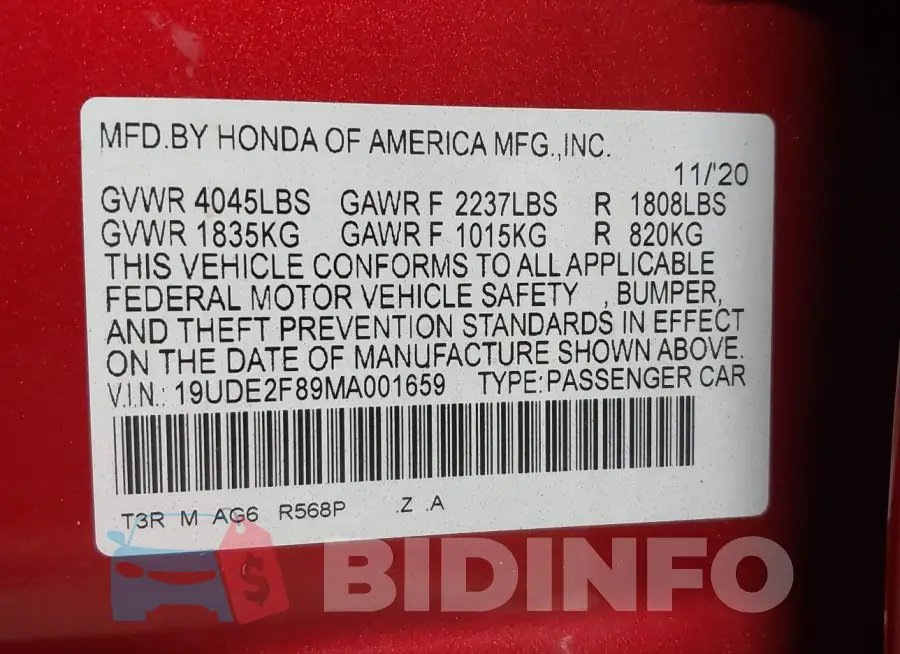 19UDE2F89MA001659 Photo# 9