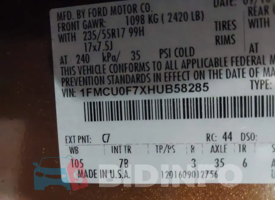 1FMCU0F7XHUB58285 Photo# 9
